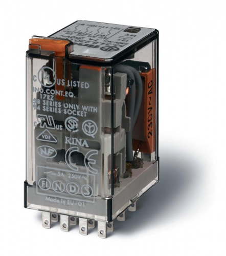 Изображение Реле миниатюрное универсальное электромеханич. монтаж в розетку 4CO 7А AgCdO 24В DC RTI опции: кнопка тест + мех.индикатор + LED + диод FINDER 553490242094 