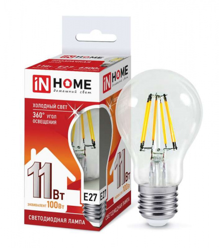 Изображение Лампа светодиодная LED-A60-deco 11Вт 230В E27 6500К 990лм прозр. IN HOME 4690612026169 