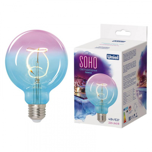 Изображение Лампа светодиодная филаментная LED-SF01-4W/SOHO/E27/CW BLUE/WINE GLS77TR SOHO спиральный филамент син./винная колба упаковка картон Uniel UL-00005892 