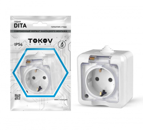 Изображение Розетка 1-м ОП Dita 16А IP54 250В с заземл. с прозр. крышкой бел. TOKOV ELECTRIC TKL-DT-R1Z-C01T-IP54 