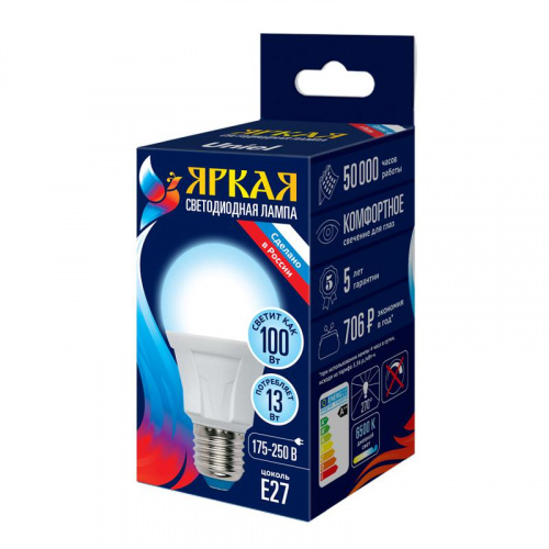 Изображение Лампа светодиодная LED-A60 13W/6500K/E27/FR PLP01WH Яркая мат. картон Uniel UL-00005032 