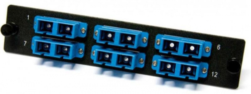 Изображение Панель FO-FPM-W120H32-12LC-BL для FO-19BX с 12 LC адаптерами 12 волокон одномод. OS1/OS2 120х32мм адаптеры а син. (blue) Hyperline 47738 