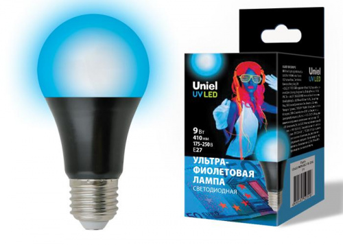 Изображение Лампа светодиодная ультрафиолетовая LED-A60-9W/UVAD/E27/FR PLZ07BK для дискотек спектр UVA 410нм картон Uniel UL-00005855 