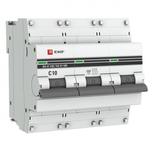 Изображение Автомат  EKF ВА 47-100  3Р  10А  тип C  10кА  на DIN-рейку  mcb47100-3-10C-pro 