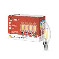 Изображение Лампа светодиодная филаментная LED-СВЕЧА-deco 4PACK 9Вт свеча прозрачная 3000К тепл. бел. E14 1040лм 230В (уп.4шт) IN HOME 4690612052540 