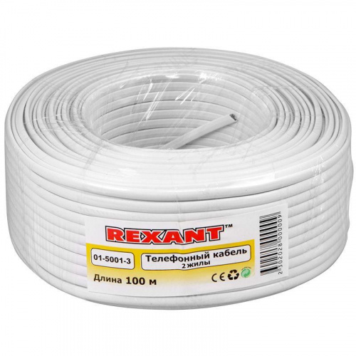 Изображение Телефонный кабель ШТЛП REXANT 2 жилы CCA, белый, бухта 100 м  01-5001-3 