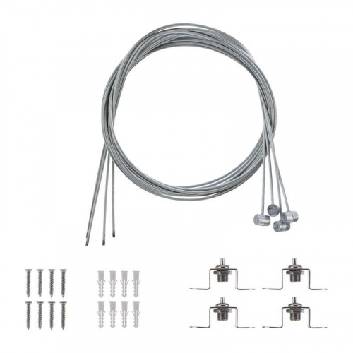 Изображение Комплект подвесных крепежей для светодиодных панелей № 1 (Трос длиной 1м - 4 шт.; Винт самонарезающий 4х25 - 8 шт.; Дюбель пластмассовый 6х30 - 8 шт. Rexant 606-301 