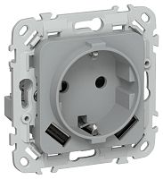 Изображение Розетка 1-м СП FLITE РСЮша11-0-ФлС 16А с USB A+A 3.1А с заземл. с защ. шторками механизм сер. IEK FI-R14-16-U21-D31-K03 