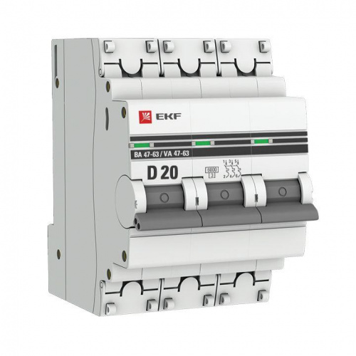 Изображение Автомат  EKF ВА 47-63  3Р  20А  тип D  6кА  на DIN-рейку  mcb4763-6-3-20D-pro 