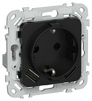 Изображение Розетка 1-м СП FLITE РСЮша11-0-ФлЧ 16А с USB A+A 3.1А с заземл. с защ. шторками механизм черн. IEK FI-R14-16-U21-D31-K02 