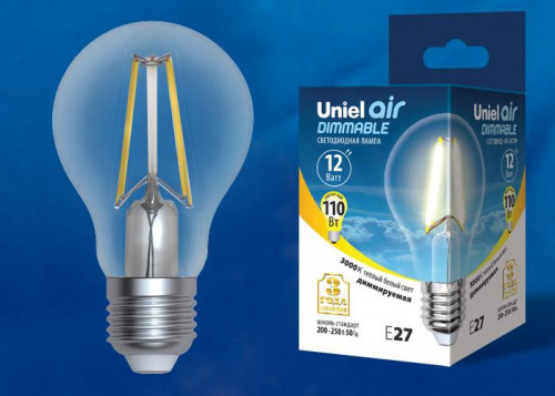 Изображение Лампа светодиодная LED-A60-12W/3000K/E27/CL/DIM GLA01TR Air диммир. картон Uniel UL-00005183 