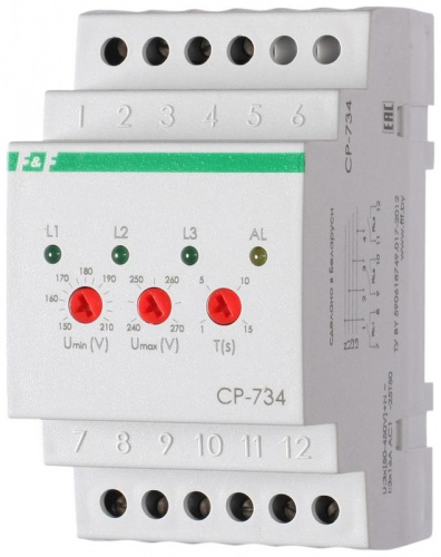 Изображение Реле напряжения CP-734 (трехфазное; контроль нижнего (150-210В) и верхнего (240-270В) порога напряжения; отдельный контакт на каждую фазу; монтаж на DIN-рейке 35мм 3х400/230 N 3х8А 3х1R IP20) F&F EA04.009.007 