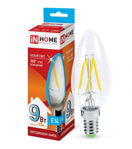 Изображение Лампа светодиодная LED-СВЕЧА-deco 9Вт 230В E14 4000К 810лм прозр. IN HOME 4690612026206 