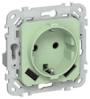 Изображение Розетка 1-м СП FLITE РСЮша11-1-ФлФ 16А с USB A+A 3.1А с заземл. с защ. шторками безвинтовое крепление механизм фисташк. IEK FI-R14-16-1-U21-D31-K93 