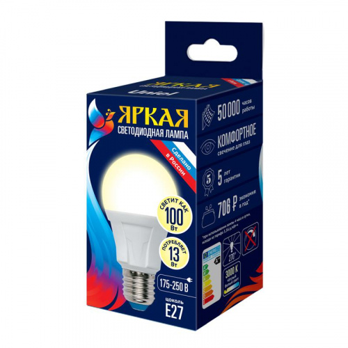 Изображение Лампа светодиодная LED-A60 13W/3000K/E27/FR PLP01WH Яркая мат. картон Uniel UL-00005030 