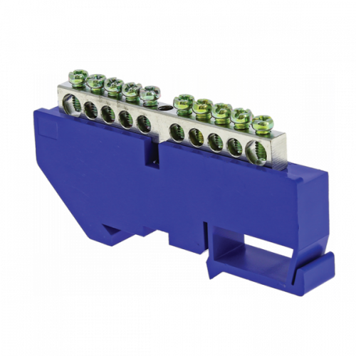 Изображение Шина "0" N (6x9мм) 10 отв. никель синий изолятор на DIN-рейку EKF  sn1-63-10-d  (упак.20) 