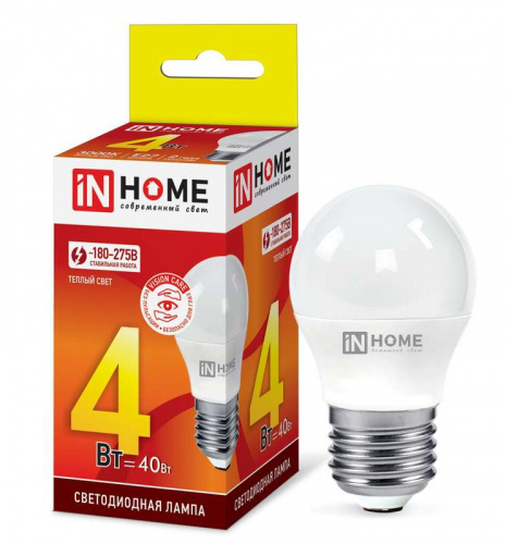 Изображение Лампа светодиодная LED-ШАР-VC 4Вт 230В E27 3000К 360лм IN HOME 4690612030579 