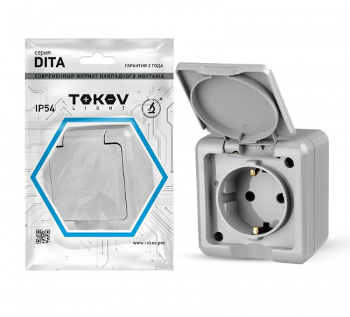 Изображение Розетка 1-м ОП Dita 16А IP54 250В с заземл. с крышкой сер. TOKOV ELECTRIC TKL-DT-R1Z-C06-IP54 