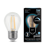 Изображение Лампа светодиодная LED 5Вт 230в, E27 Filament белый, dim шар Gauss  105802205-D (упак.10 шт.) 