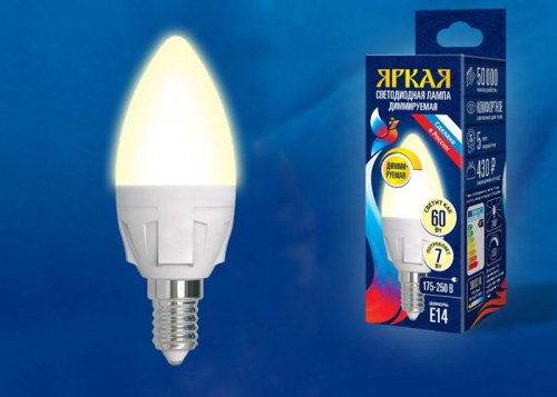 Изображение Лампа светодиодная LED-C37 7W/3000K/E14/FR/DIM PLP01WH Яркая 7Вт свеча 3000К тепл. бел. диммир. мат. картон Uniel UL-00004296 