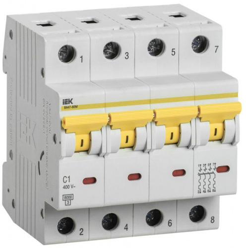 Изображение Выключатель автоматический модульный 4п C 1А 6кА ВА47-60M IEK MVA31-4-001-C 