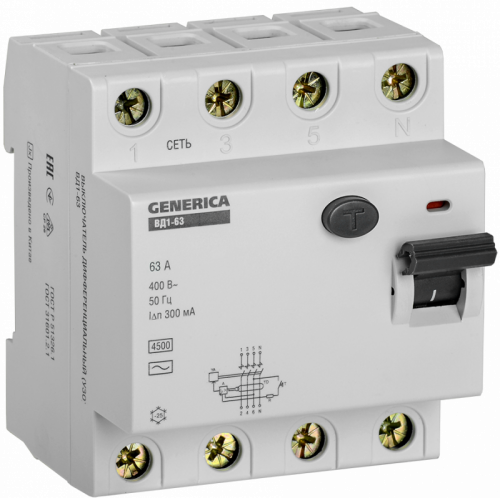 Изображение Выключатель дифференциального тока (УЗО) 4п 63А 300мА тип AC ВД1-63 GENERICA ИЭК MDV15-4-063-300 