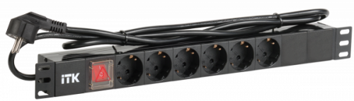 Изображение Блок розеток (PDU) ITK 6 розеток DIN49440 с LED выключателем 1U шнур 2м вилка DIN49441  профиль из ПВХ черный (нем.станд) PH12-6D1-P 
