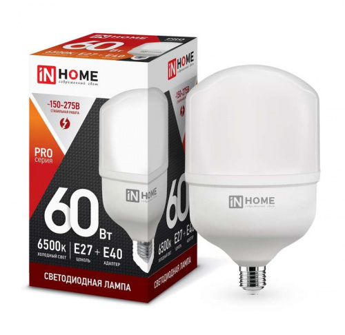 Изображение Лампа светодиодная LED-HP-PRO 60Вт 230В 6500К E27 5400Лм с адаптером IN HOME 4690612031132 