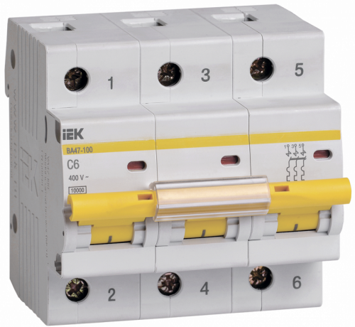 Изображение Выключатель автоматический модульный 3п C 6А 10кА ВА47-100 IEK MVA40-3-006-C 