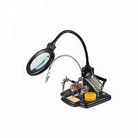 Изображение Держатель "третья рука" ПРОФИ с лупой х3; подставка под паяльник; LED подсветка; стенд для припоя REXANT 12-0258 