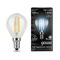 Изображение Лампа светодиодная LED 7Вт 230в, E14 Filament белый шар Gauss  105801207 (упак.10 шт.) 