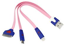 Изображение Кабель USB Lightning/30pin/micro USB/PVC/flat/pink/0.15m 3 в 1 Rexant 18-4251 