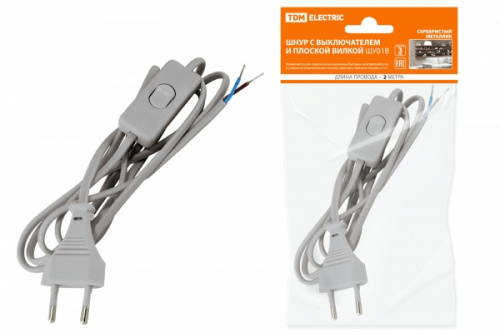 Изображение Шнур с выключателем и плоской вилкой ШУ01В ШВВП 2х0,75мм2 2м. серебр. металлик TDM   SQ1305-0005 