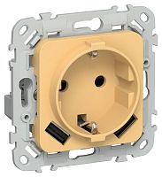 Изображение Розетка 1-м СП FLITE РСЮша11-0-ФлЗ 16А с USB A+A 3.1А с заземл. с защ. шторками механизм золотарник IEK FI-R14-16-U21-D31-K90 