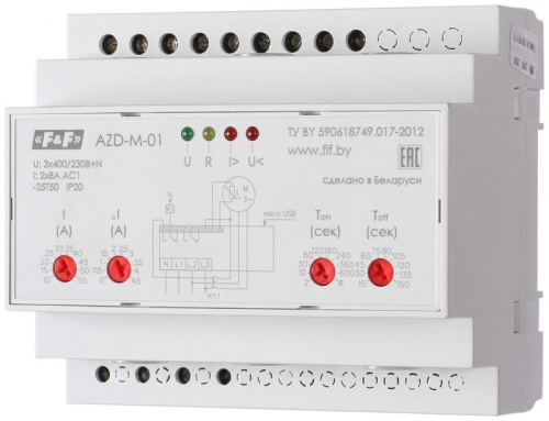 Изображение Автомат защиты электродвигателей AZD-M исп.1 10-59.5 А микропроцессорн. защита трехфазн. двигателей до 30кВт с транс. тока более 30кВт USB порт. 3х400/230+N 2х8А 2х1P IP20 F&F EA05.004.001 