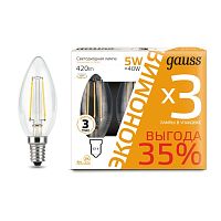 Изображение Лампа светодиодная LED 5Вт E14 2700К Filament Свеча(3 лампы в уп) Gauss  103801105T 