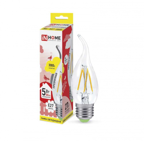 Изображение Лампа светодиодная LED-свеча на ветру-deco 5Вт 230В E27 3000К 450Лм прозрачная IN HOME 4690612007649 
