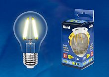 Изображение Лампа светодиодная LED-A60-7W/WW/E27/CL/MB грушевидная GLM10TR форма "А" прозр. Multibright свет теплый бел. 3000К 100-50-10 упак. картон Uniel UL-00002366 