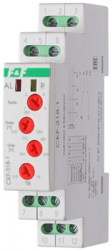 Изображение Реле контроля наличия и чередования фаз CKF-318-1 (контроль чередования; слипания фаз; регулировка верх. и нижн. порога напряжения; регулировка задержки отключения; 1 модуль; монтаж на DIN-рейке)(аналог РНПП-311М) F&F EA04.002.007 