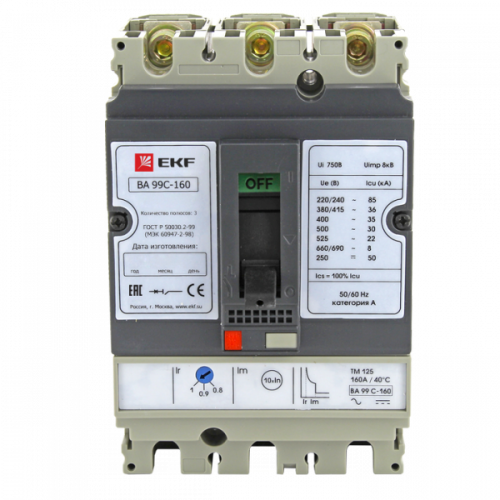 Изображение Силовой автомат. выкл. 3P Iu=100А уставка тока расцеп.:80А 36кА IP30 EKF  mccb99C-160-100 
