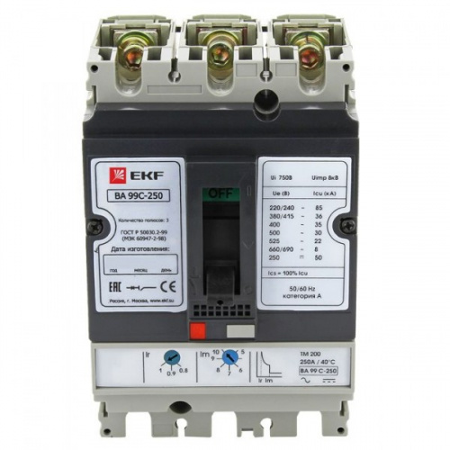 Изображение Силовой автомат. выкл. 3P Iu=250А уставка тока расцеп.:100А 45кА IP30 EKF  mccb99C-250-250 