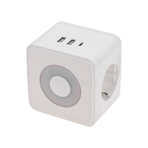 Изображение Двойник электрический Куб 16А с/з+2хUSB-A 2.4А+USB Type-C 3А с ночной подсветкой бел. Rexant 11-1251 