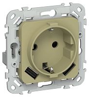 Изображение Розетка 1-м СП FLITE РСЮша11-1-ФлО 16А с USB A+A 3.1А с заземл. с защ. шторками безвинтовое крепление механизм олив. IEK FI-R14-16-1-U21-D31-K26 