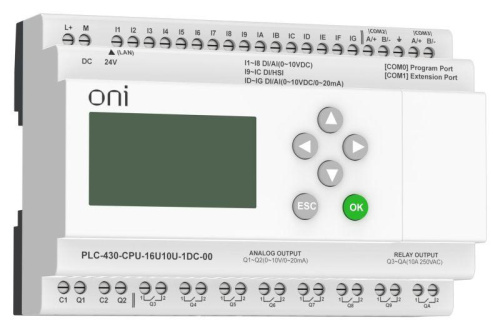 Изображение Модуль ЦПУ ПЛК 430 4 DI 12 UI (0-10В/DI) 8 RO 2 AO (1шт 0-10В и 1шт 0-20мА) 24В DC с Ethernet портом с экраном ONI PLC-430-CPU-16U10U-1DC-00 