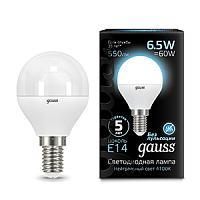 Изображение Лампа светодиодная LED 6.5вт 230в Е14 белый мат.шар Gauss  105101207 (упак.10 шт.) 