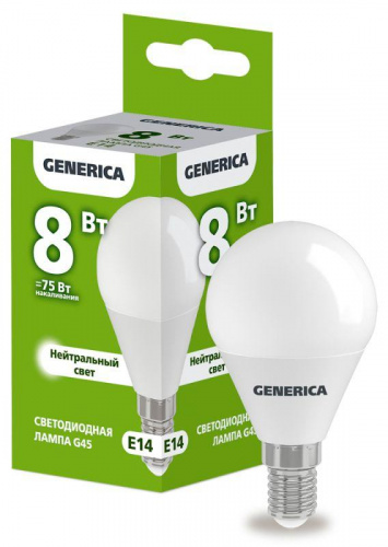 Изображение Лампа светодиодная G45 8Вт шар 4000К E14 230В GENERICA LL-G45-08-230-40-E14-G 