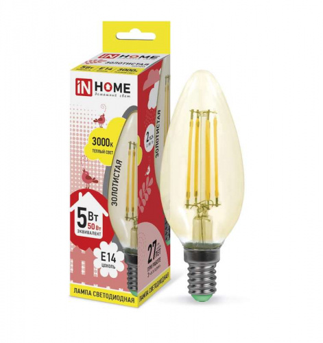 Изображение Лампа светодиодная LED-СВЕЧА-deco 5Вт 230В E14 3000К 450Лм зол. IN HOME 4690612007182 
