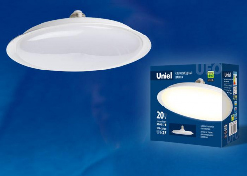 Изображение Лампа светодиодная LED-U165-20W/3000K/E27/FR PLU01WH форма UFO мат. колба. теплый бел. свет 3000К упак. картон Uniel UL-00004570 