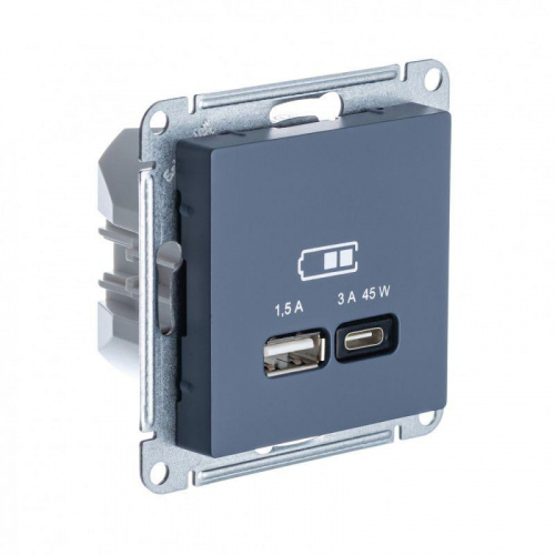 Изображение Розетка USB+USB type C Systeme Electric ATLASDESIGN, скрытый монтаж, грифель  ATN000729 