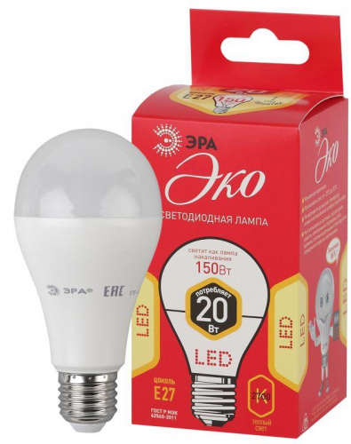 Изображение Лампа светодиодная ECO LED A65-20W-827-E27 A65 20Вт груша E27 тепл. бел. ЭРА Б0031709 